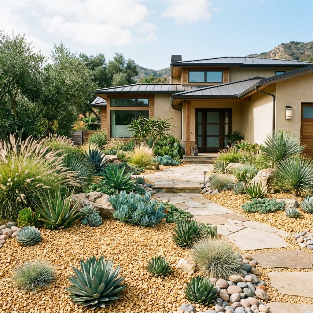 Xeriscape landscaping with gold gravel pathway